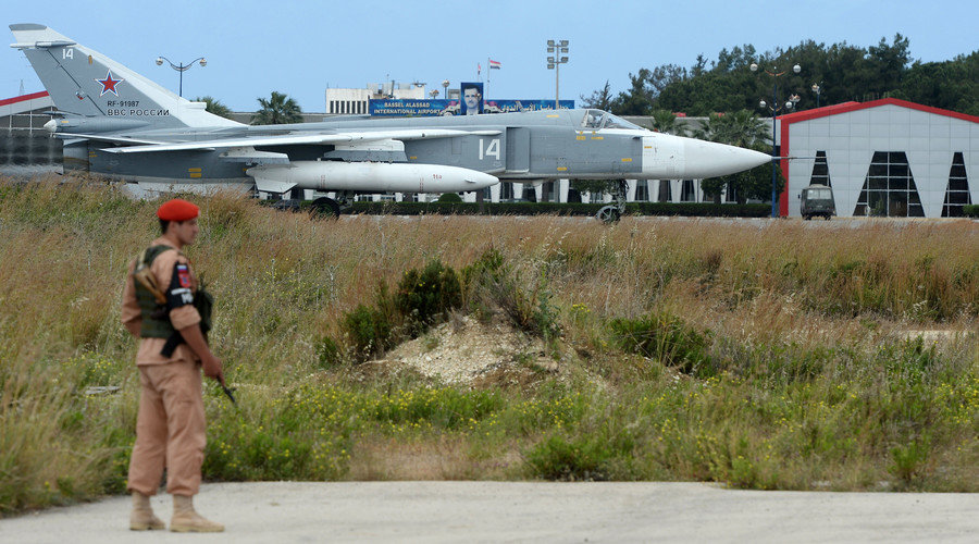 Russian Su-24 aircaft on a runway at the Hmeimim airbase in Syria.