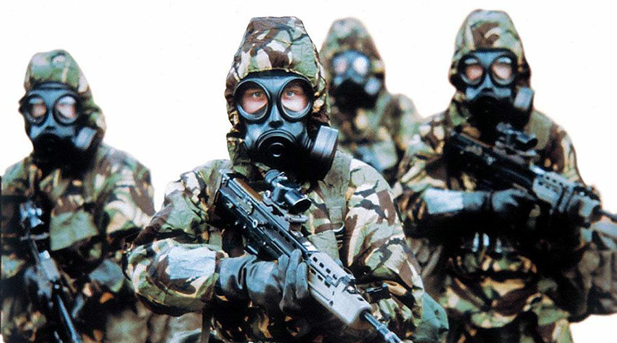 Click to enlarge British soldiers with gas masks