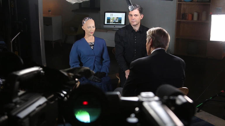 Click to enlarge Sophia and creator David Hanson speak with Charlie Rose