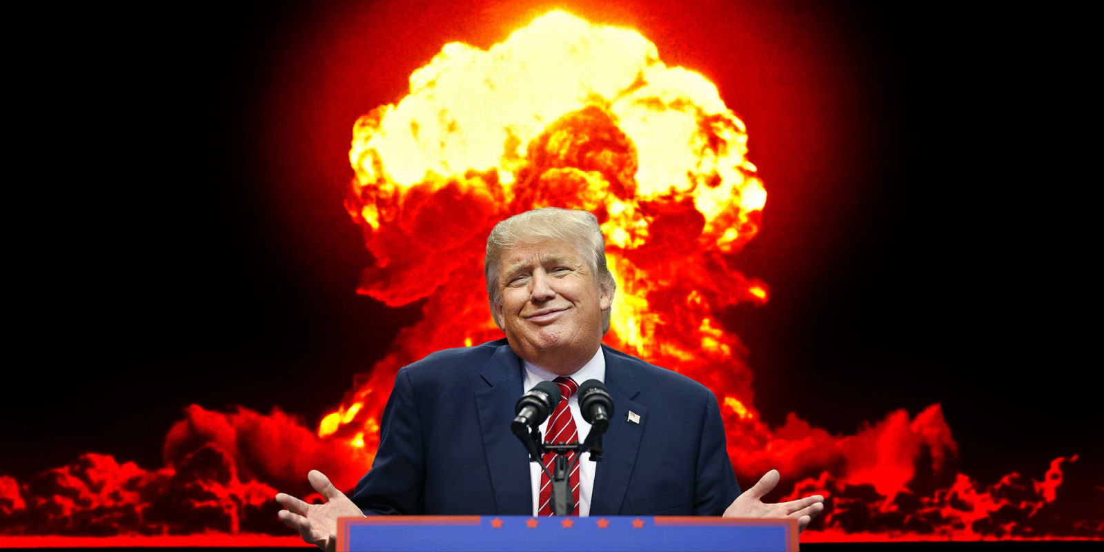 Trump with nuclear explosion graphic