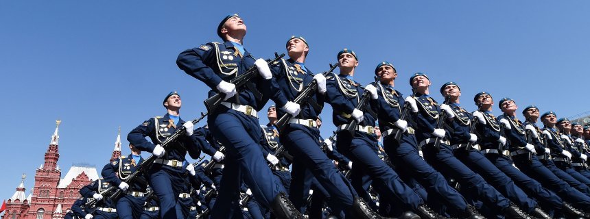 Russian troops marching on Red Square during the Victory Day military parade