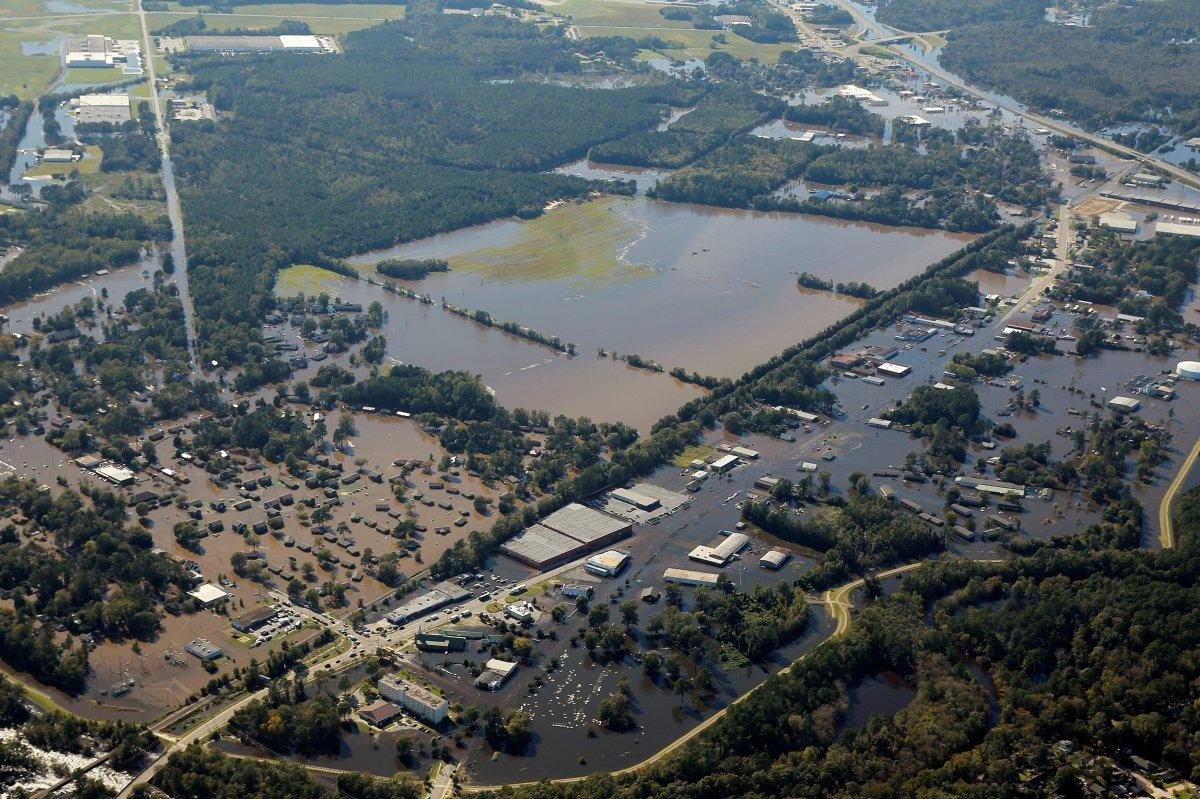An aerial view is seen of a neighborhood that was flooded after Hurricane Matthew in Lumberton, North Carolina October 10, 2016.