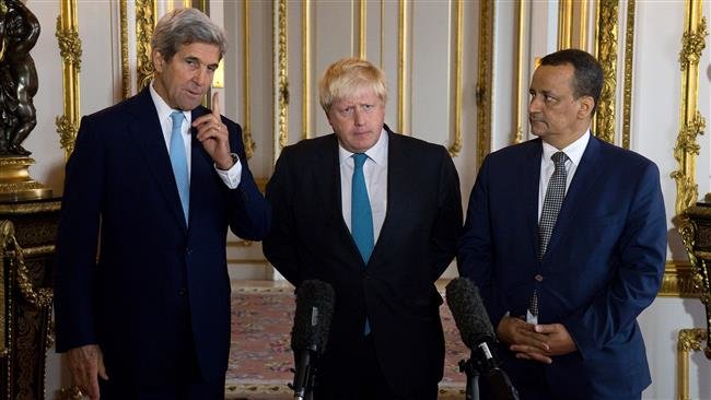 US Secretary of State John Kerry, British Foreign Secretary Boris Johnson and UN Special Envoy for Yemen Ismail Ould Cheikh Ahmed