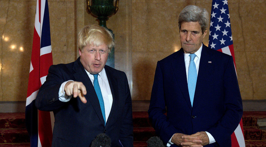 British Foreign Secretary Boris Johnson (L) and US Secretary of State John Kerry