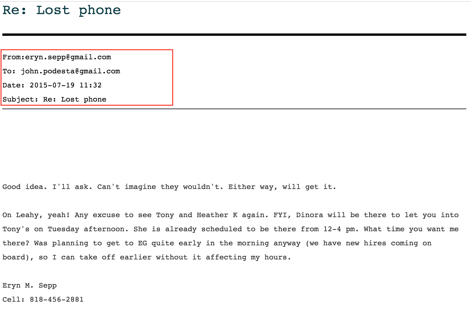 Click to enlarge Podesta lost phone email