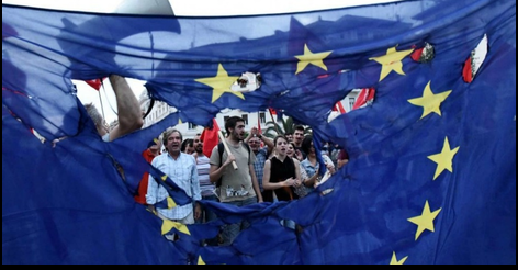 EU flag and protesters