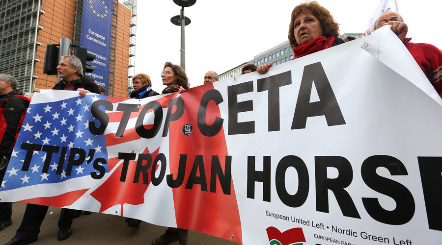 Click to enlarge Demonstrators protest against the Comprehensive Economic and Trade Agreement CETA