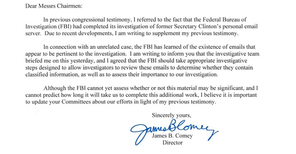 Click to enlarge FBI Director Comey letter to Congress