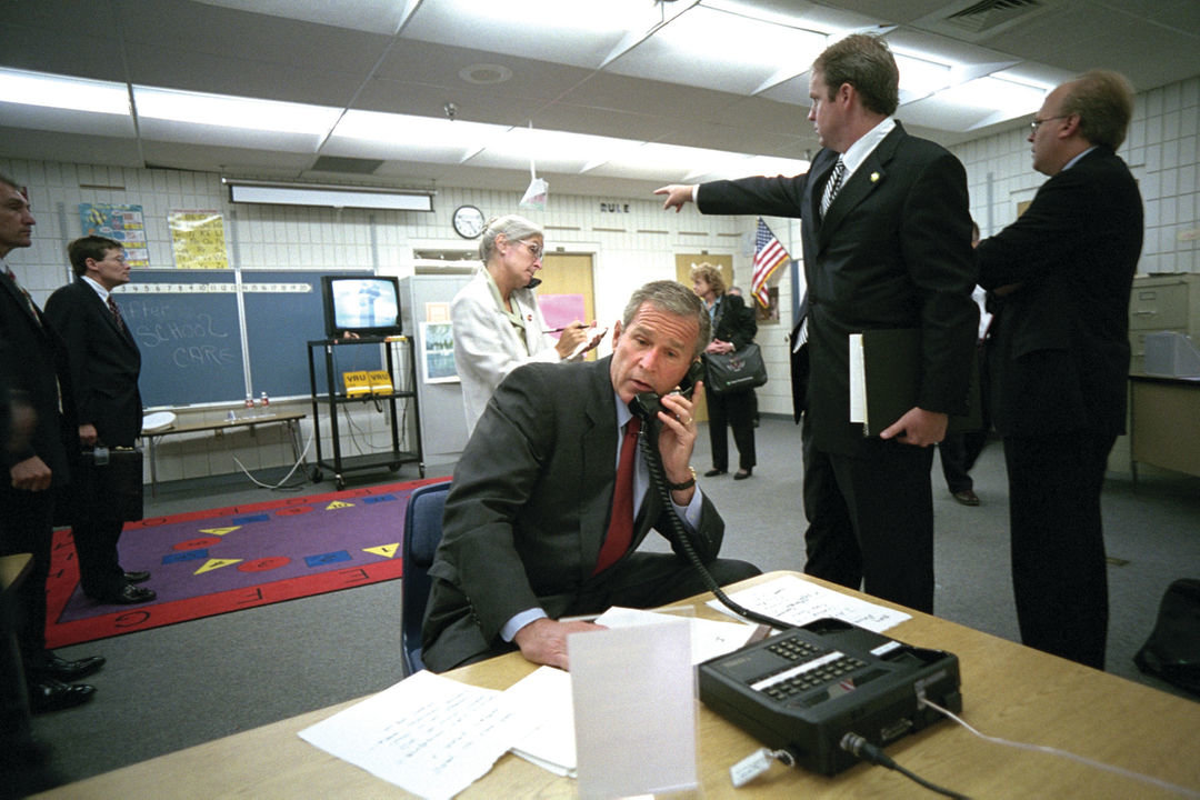Click to enlarge President George W. Bush at Sarasota’s Emma E. Booker Elementary School on Sept. 11, 2001, before and after learning of the 9/11 attacks.