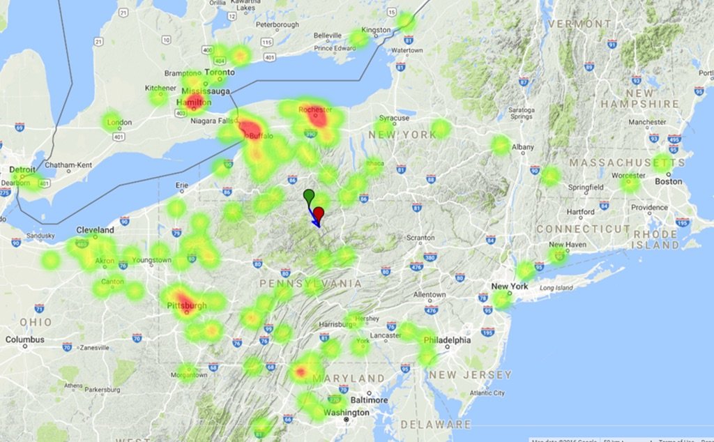 East coast fireball heatmap