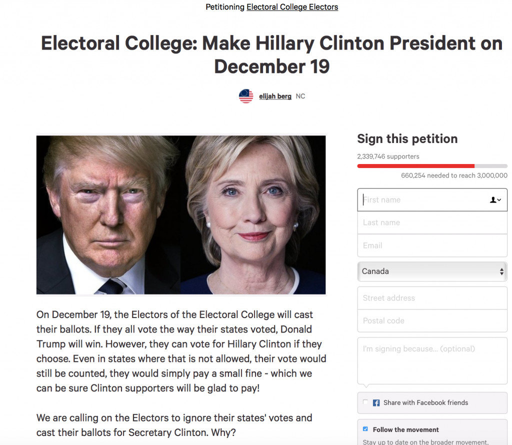 Click to enlarge Petition to cast electoral votes for Clinton