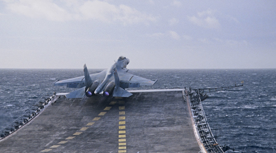Sukhoi Su-27K fighter takes off from the heavy aircraft carrying cruiser Admiral Kuznetsov