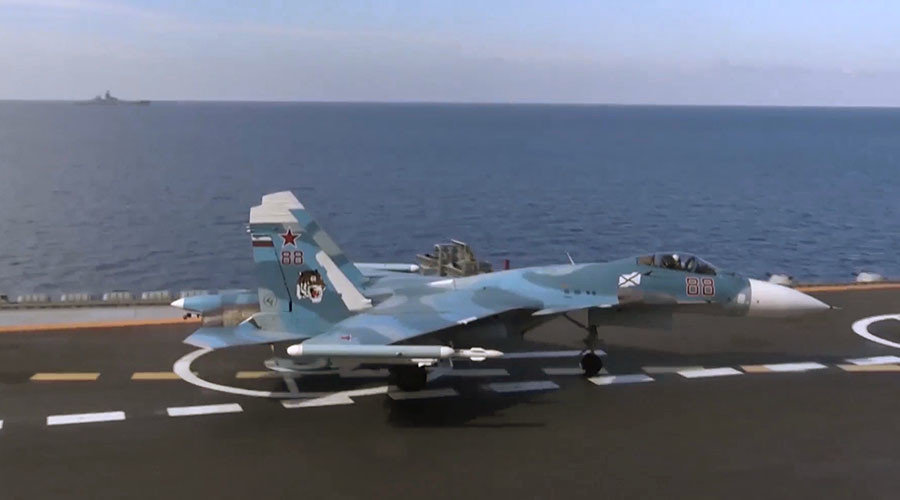 Su-33 fighter before taking off from Admiral Kuznetsov aircraft carrier near the Syrian coast in the Mediterranean Sea