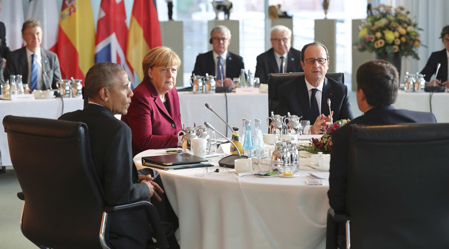 Click to enlarge U.S. President Barack Obama, German Chancellor Angela Merkel, French President Francois Hollande and Italian Prime Minister Matteo Renzi