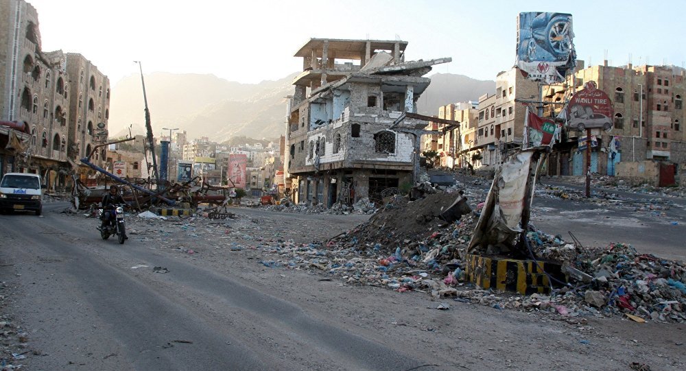 Destroyed buildings in Yemen's southwestern city of Tiaz