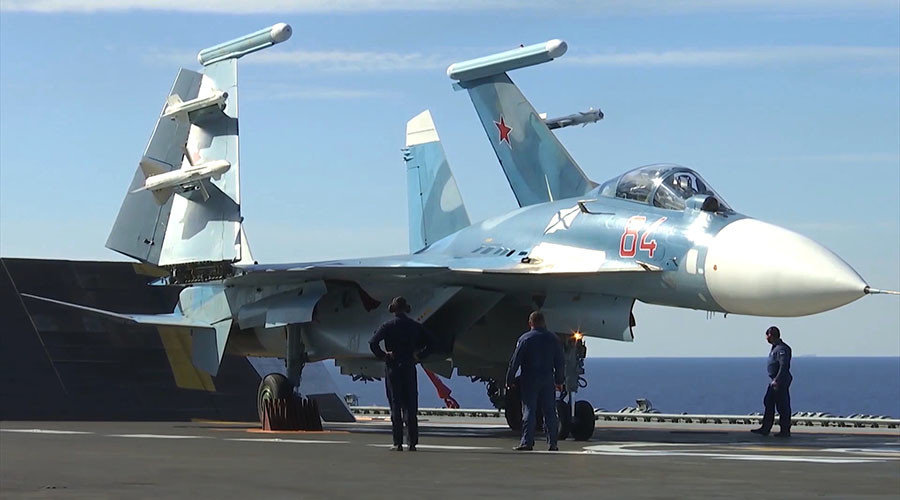 Su-33 fighter on the deck of Admiral Kuznetsov aircraft carrier