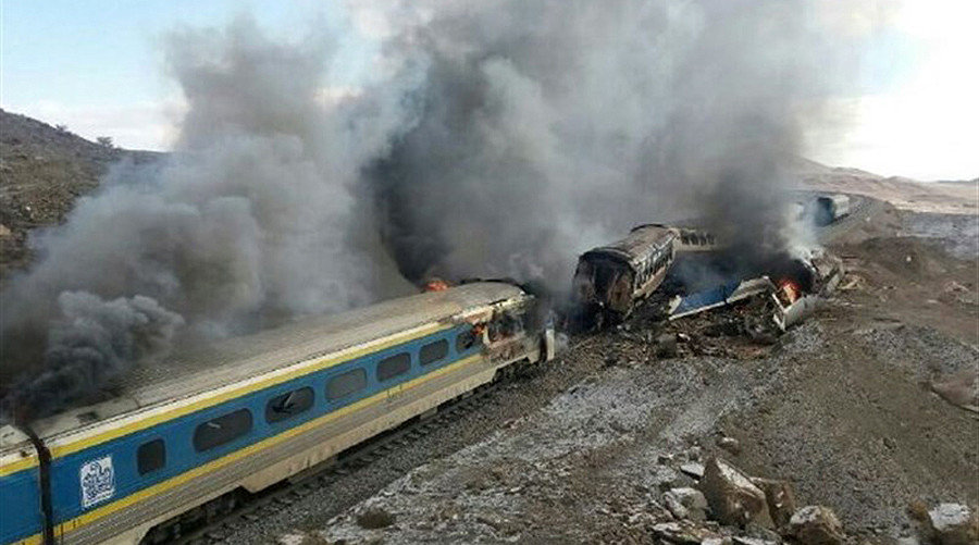 damaged trains following an accident in the Semnan province