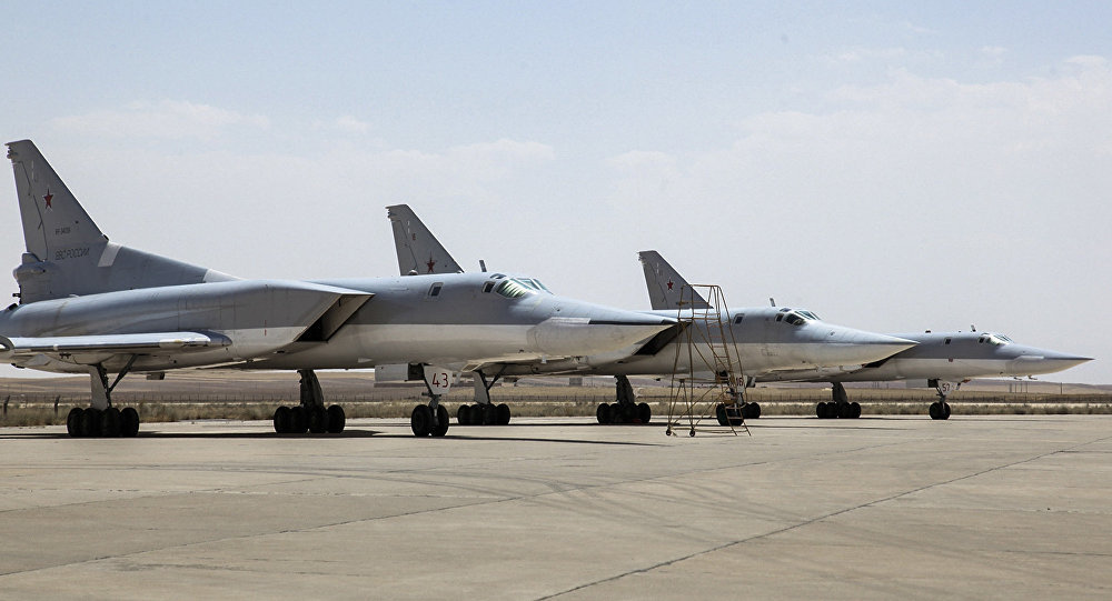 A Russian Tu-22M3 bomber stands on the tarmac at an air base near Hamadan,Iran