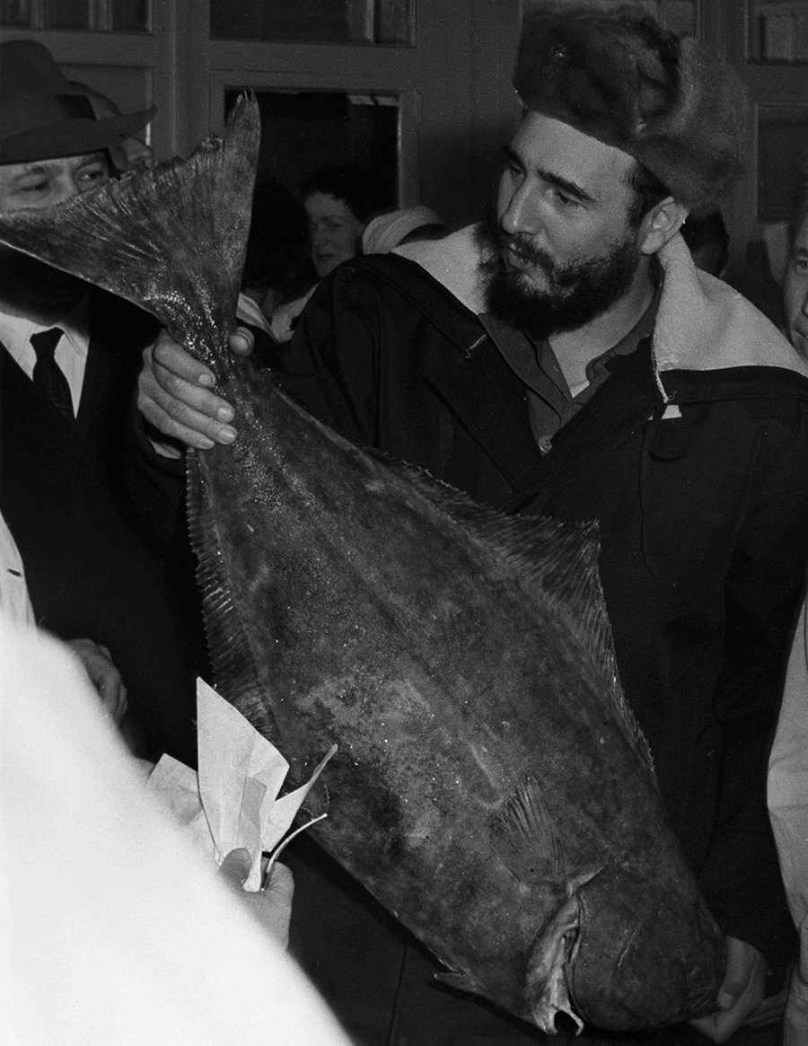 Chairman of the State Council and Council of Ministers of the Republic of Cuba, leader of the Cuban revolution Fidel Castro visits a fish factory in Murmansk,