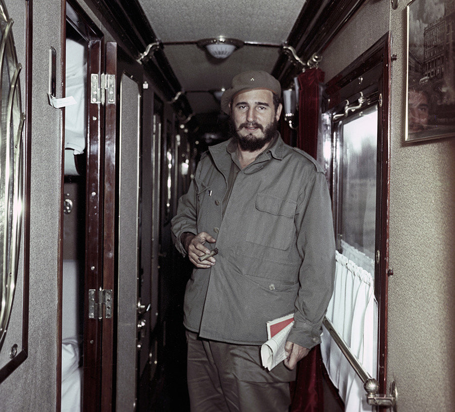 Fidel Castro Ruz, Cuban revolutionary leader and President of the Council of State and Council of Ministers of the Republic of Cuba, during his visit to the Soviet Union. In the Irkutsk-Bratsk train