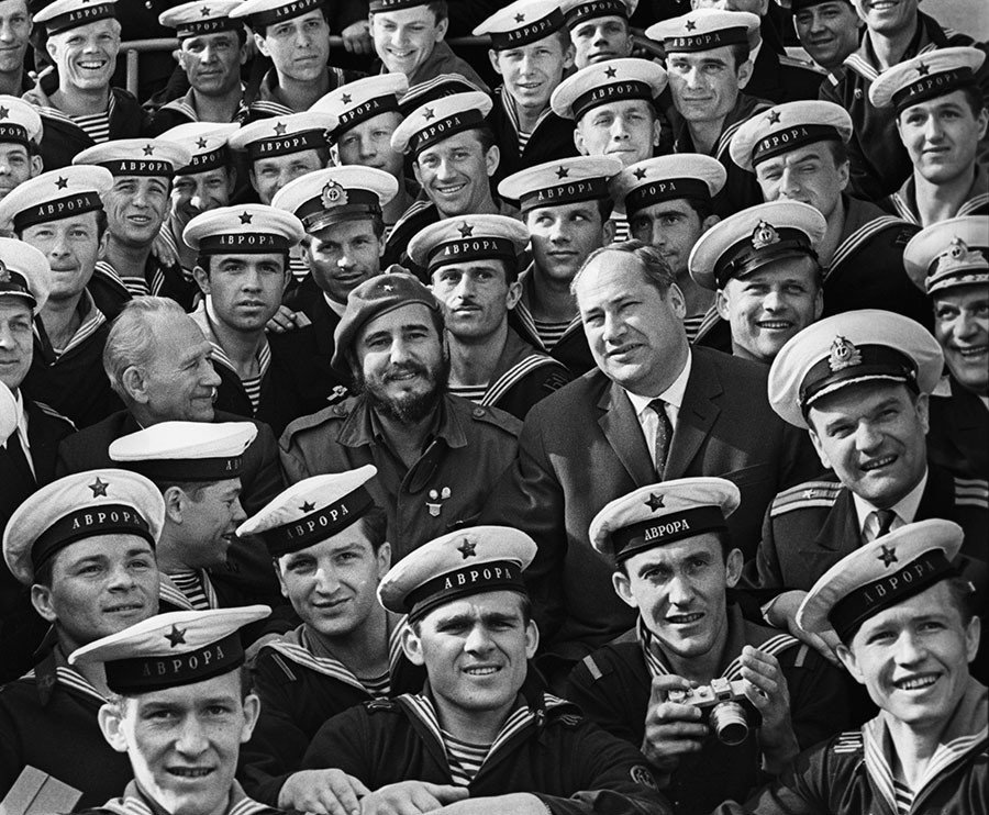 Chairman of the State Council and Prime Minister of the Republic of Cuba, the leader of the Cuban revolution Fidel Catsro visits the legendary Aurora cruiser in Leningrad
