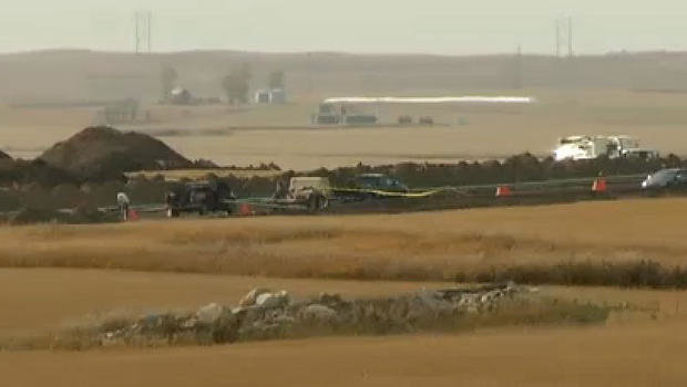 The site of an underground oil pipeline break on a farm north of Tioga, N.D., Thursday, October 10, 2013. At least 20,6000 barrels of oil was spilled.