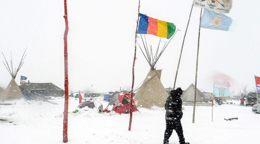 The Oceti Sakowin camp is seen in a snow storm during a protest against plans to pass the Dakota Access pipeline near the Standing Rock Indian Reservation, near Cannon Ball, North Dakota, U.S. November 28, 2016.