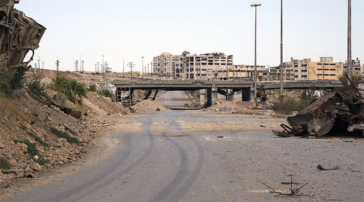 A general view taken on September 16, 2016, shows the rubble-strewn Castello Road, the main route for humanitarian assistance in to divided Syrian city of Aleppo