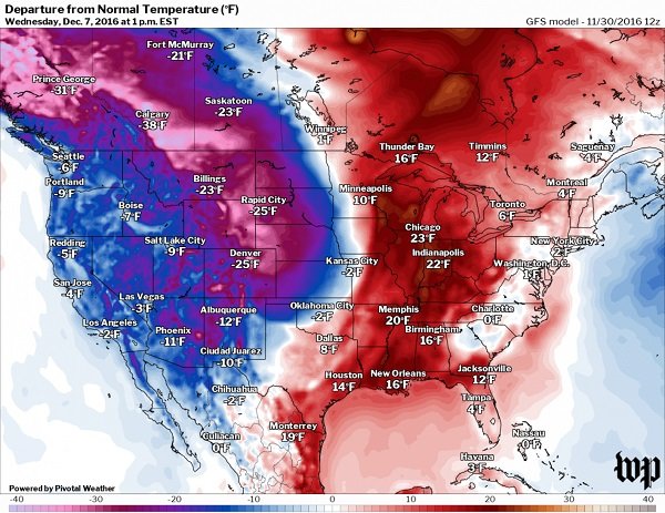 Click to enlarge Temperature difference from normal predicted by Global Forecast System model for Dec. 7
