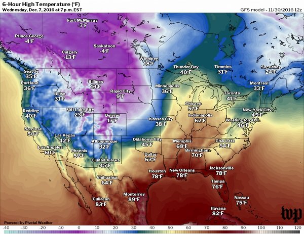 Click to enlarge Forecast highs from Global Forecast System model for Dec. 7
