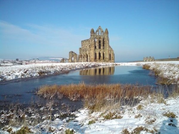 Whitby Abbey in the snow – the shell of the 13th-century church