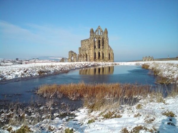 Click to enlarge Whitby Abbey in the snow – the shell of the 13th-century church