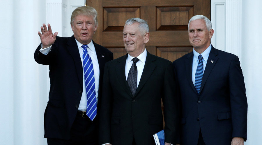 U.S. President-elect Donald Trump (L) and Vice President-elect Mike Pence (R) greet retired Marine General James Mattis