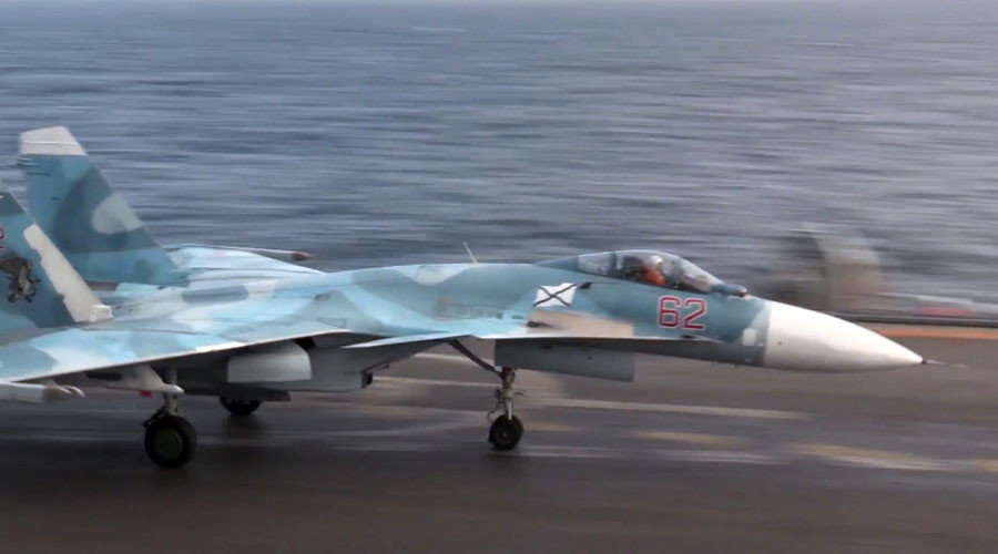 Su-33 fighter on the deck of Admiral Kuznetsov aircraft carrier