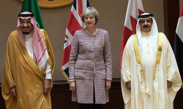 Click to enlarge Saudi Arabia’s King Salman (left) with Theresa May and the King of Bahrain, Hamad bin Isa Al Khalifa