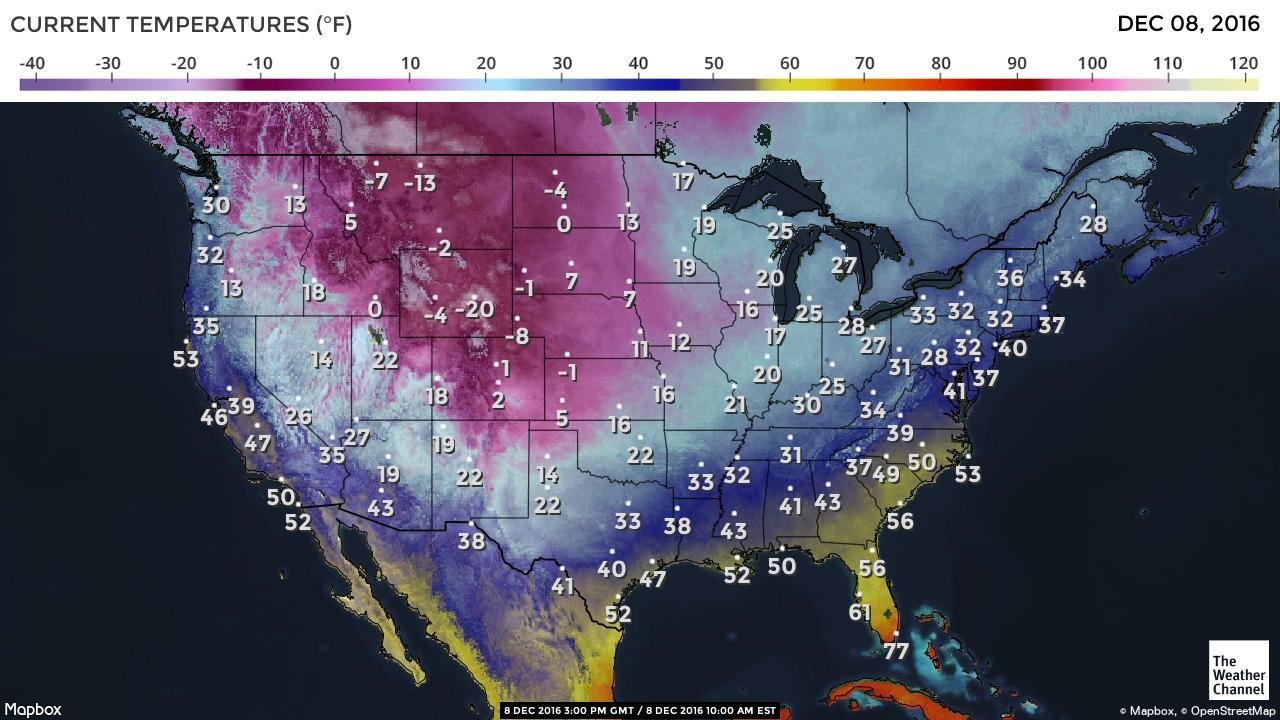 Map of US temperatures, Dec 8, 2016, showing freezing conditions due to arctic wind and the polar vortex