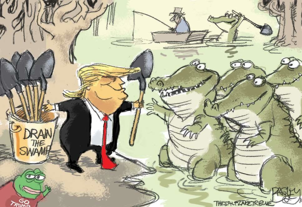 Cartoon of Trump draining the swamp