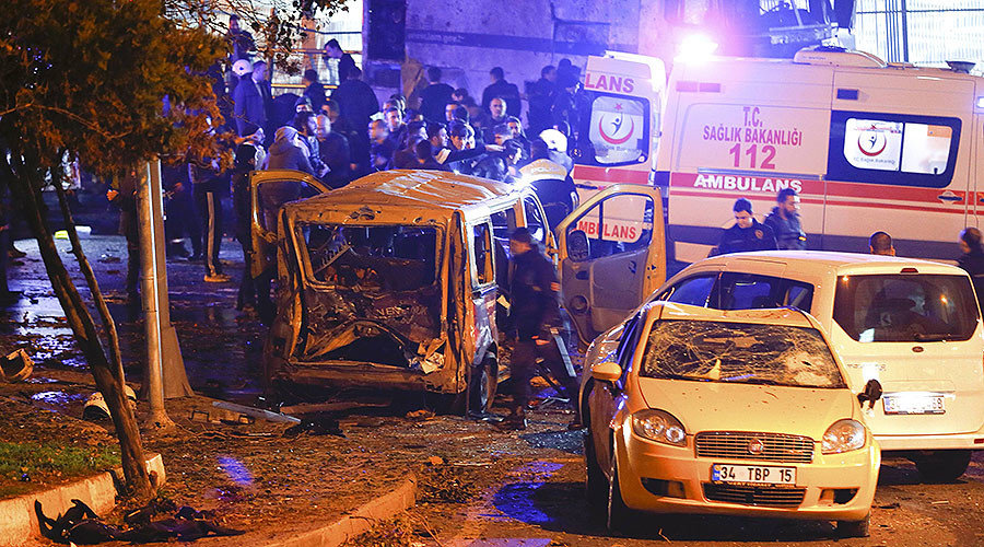 Police arrive at the site of an explosion in central Istanbul, Turkey