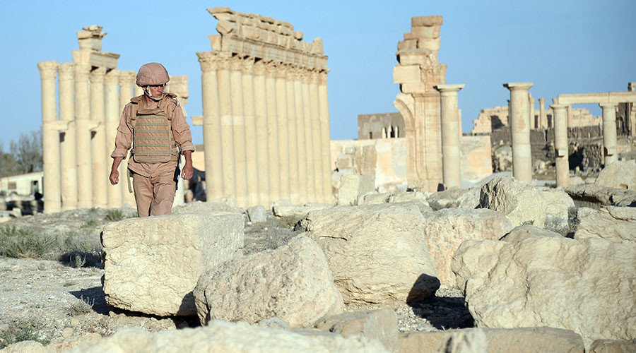 A Russian soldier in the historical part of Palmyra liberated from ISIS militants