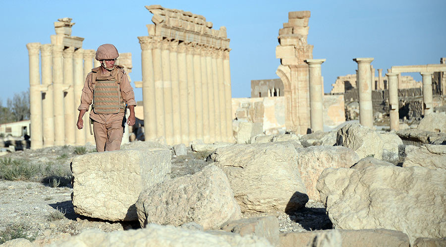 Click to enlarge A Russian soldier in the historical part of Palmyra liberated from ISIS militants