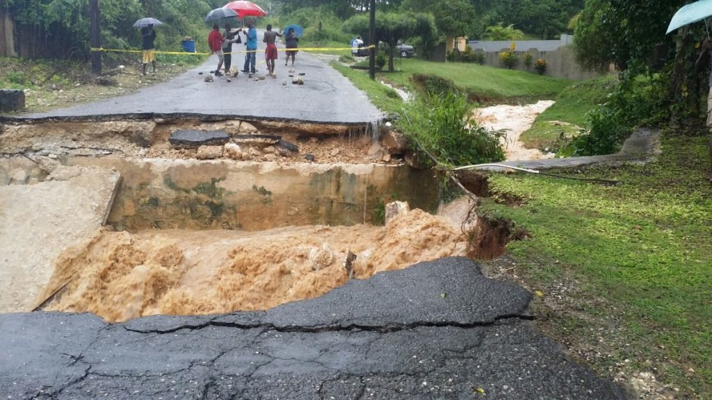 Flood damaged road in St Ann, Jamaica. 