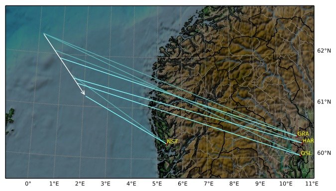 Calculated path of the huge fireball that exploded off Norway on December 6, 2016.