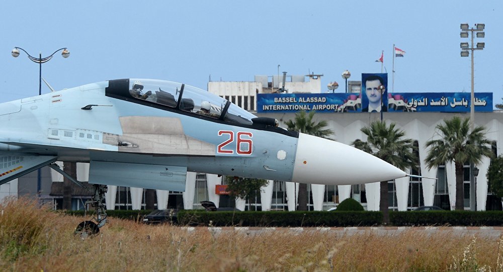 A Russian Su-30 aircraft on a runway at the Hmeimim airbase in Syria