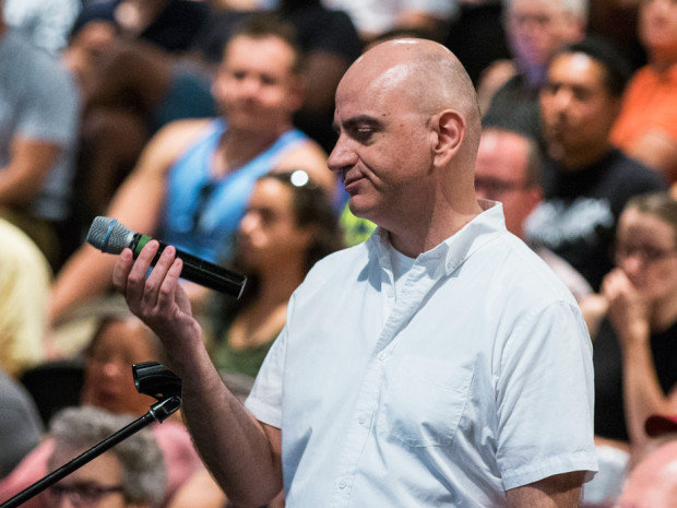 Click to enlarge Joe Clark reacts after his microphone is turned off at a Pride Toronto event in August.