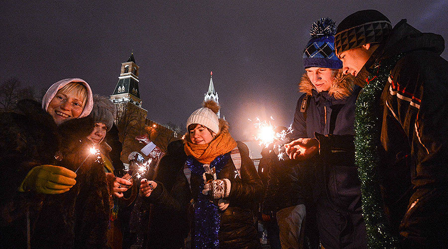 City residents and visitors to Moscow celebrate New Year's Eve on Vasilyevsky Spusk, Moscow