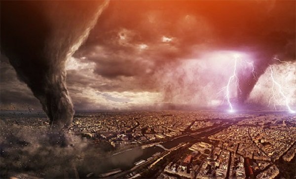 graphic of large tornados in big city