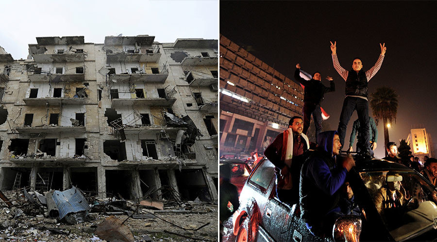 Click to enlarge Ruins of houses in eastern Aleppo (L) and Syrians celebrating in the streets of Aleppo following news of the city's complete liberation from the militants