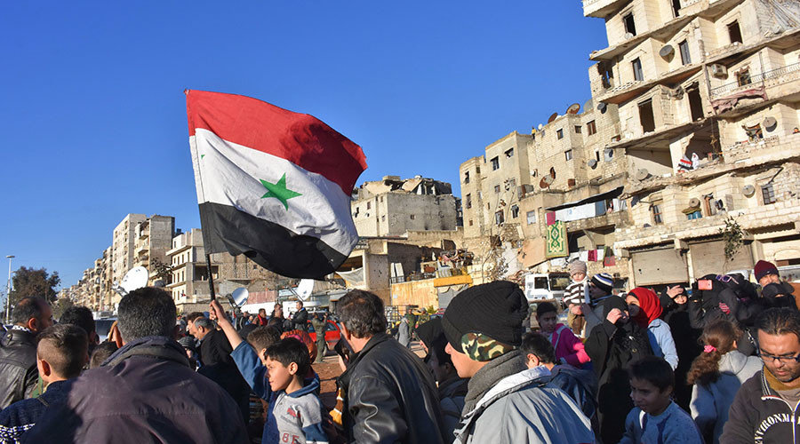 young boy waves the Syrian flag