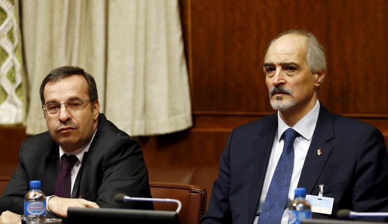 Click to enlarge Syrian Ambassador to the U.N. Bashar al Jaafari (R) and Syrian ambassador Houssam-Eddin Ala (L) attend the opening of the Syrian Peace talks at the United Nations European headquarters in Geneva, Switzerland, January 29, 2016