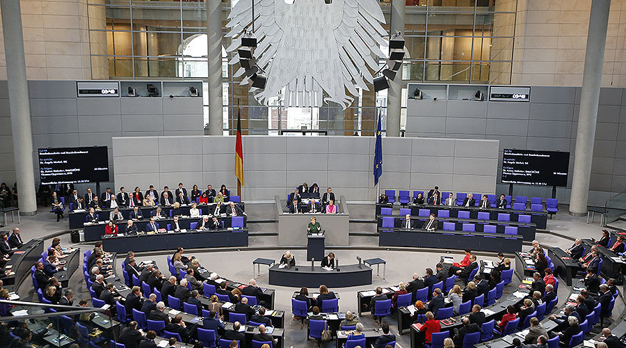 German Chancellor Angela Merkel speaks during a meeting at the lower house of parliament